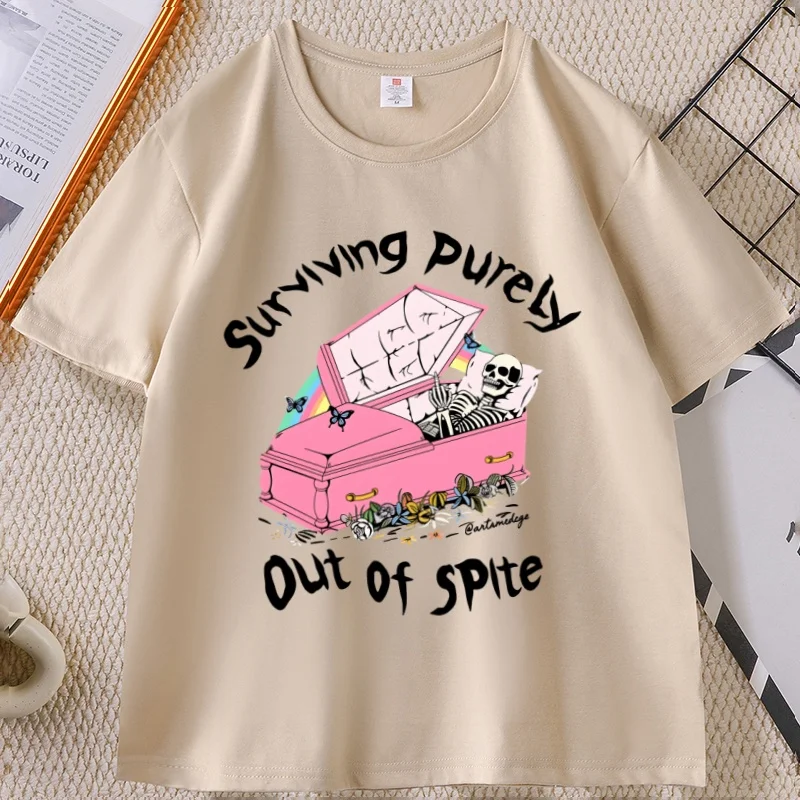 

Surviving Purely Out of Spite T Shirt Funny Goth Skeleton and Bats T-Shirt Men Women O-neck Printed Short Sleeve Tee Male