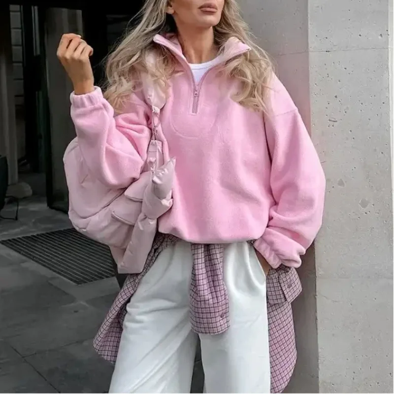 Felpa con cappuccio pullover allentata autunno inverno stile europeo americano da donna tinta unita minimalista versatile mezza zip in pile