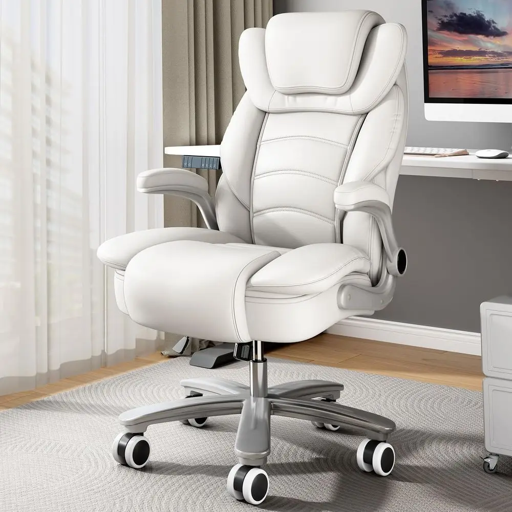 

Ergonomic Leather Executive Chair with Wide Seat and High Back, 400lb Capacity, White