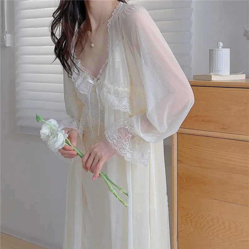 Two Piece Set Retro Palace Style Nightwear Women Nightgown Sleepwear Sexy Lace Mesh Robe Home Dressing Gown Loose Lingerie