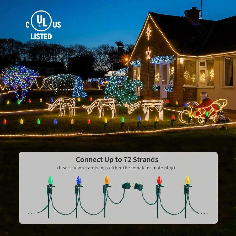 C9 Christmas Pathway Lights 25FT Outdoor Christmas Light with 25 Stakes 25 Multicolored LED Bulbs Connetable String Lights for