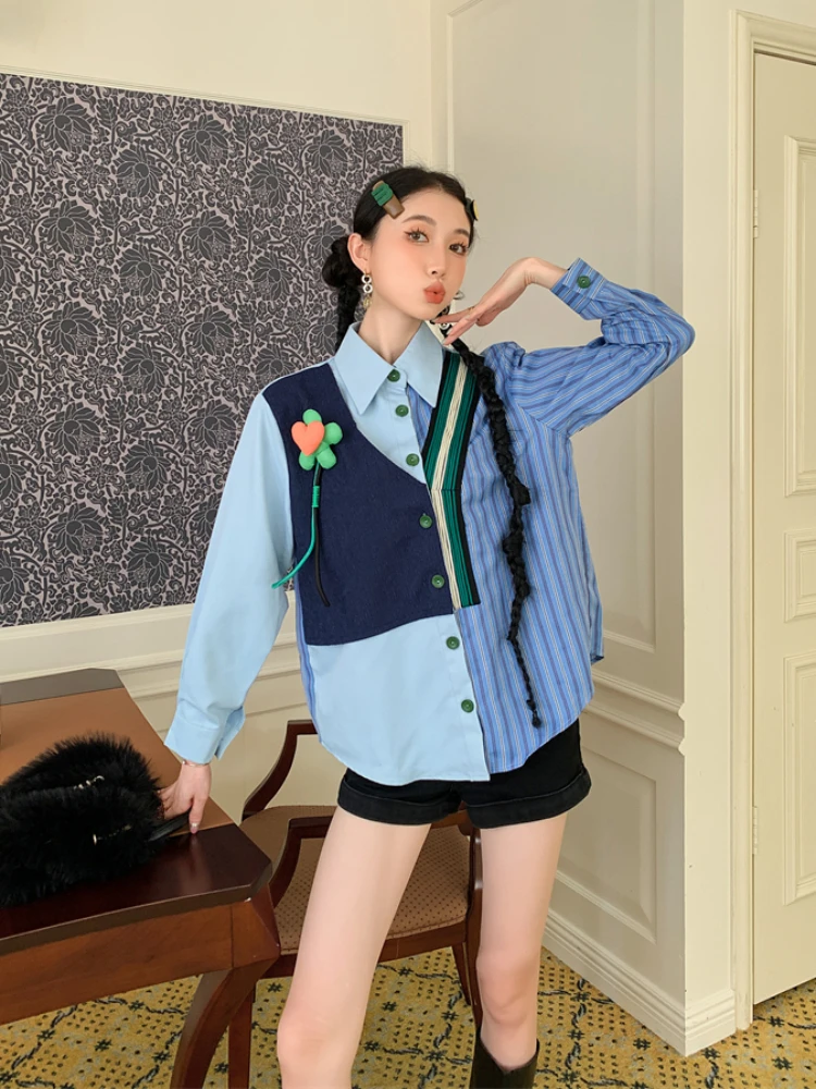 Women Shirts Patchwork Personality Schoolgirl Streetwear Popular All-match Comfortable Advanced Classic Vitality Korean Style