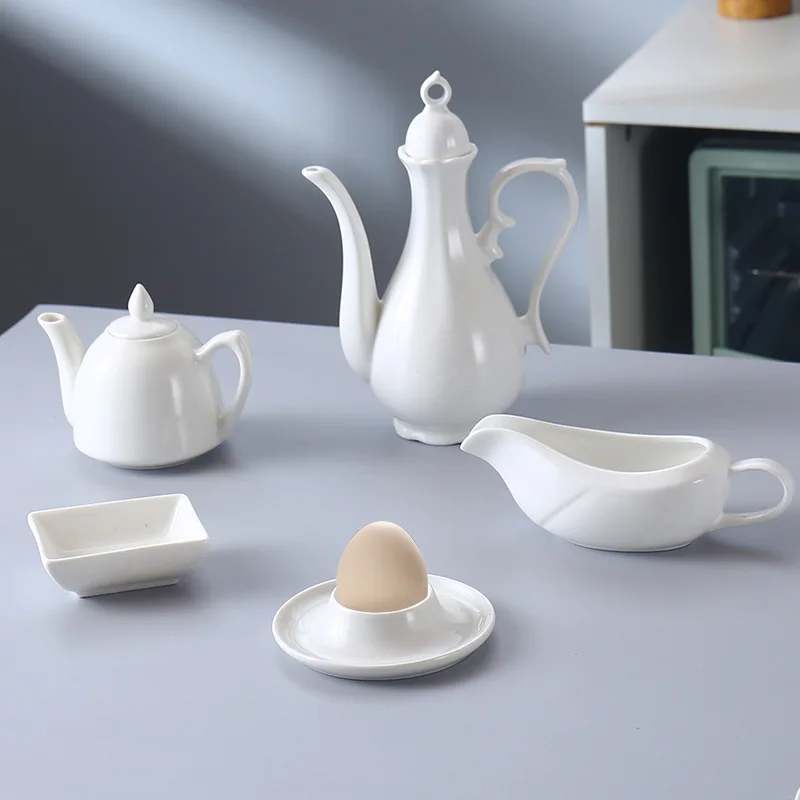 Ceramic White Kitchen Accessories Egg Holder Kettle Milk Spoon Sauce Vinegar Pot Seasoning Dish Hotel Supplies Water Cup Oil Bot