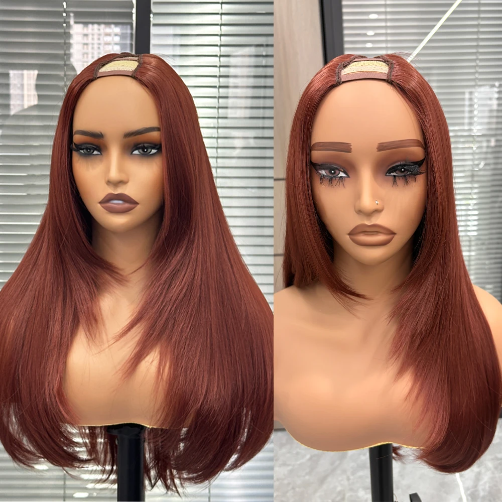 Parrucche con parte a V a strati rosso rame per donne nere Parrucche sintetiche resistenti al calore senza colla con taglio di capelli a farfalla diritta marrone rossastro