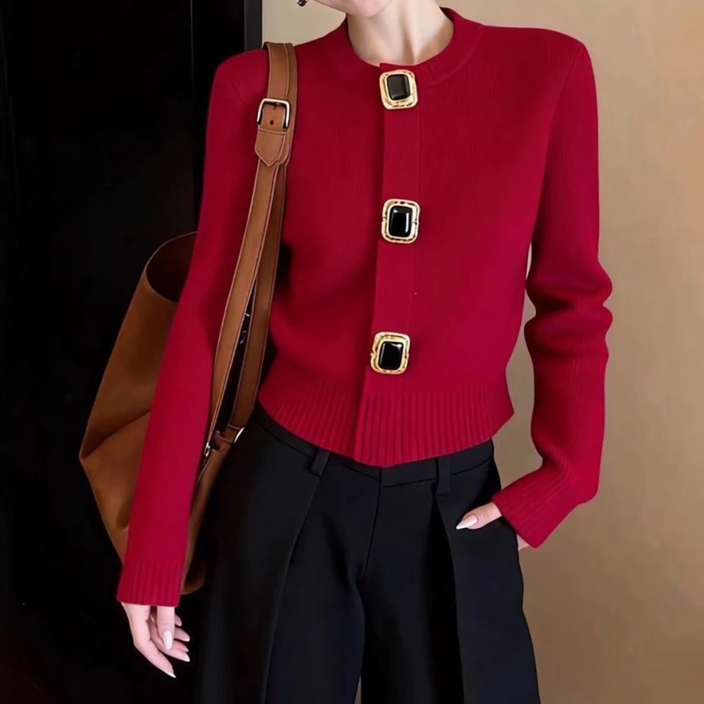 

Exquisite high-end knitted cardigan 2026 red new celebrity daughter top, wear high-end sweater