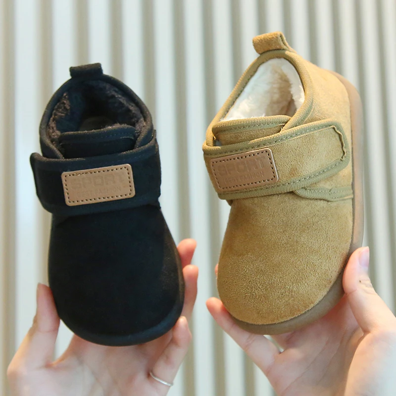 Winter Baby Toddler Fleece Lined Warm Ankle Boots Soft Non-slip Walking Shoes, Black/Khaki Casual Footwear for Infant Boys Girls