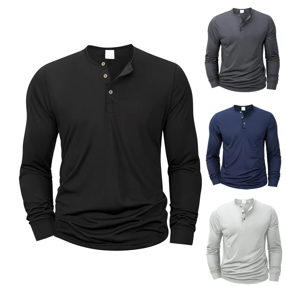 Herren Henery Neck Button Langarm T-Shirt Einfarbig Frühling Sommer Atmungsaktives T-Shirt Mode Lässig Slim Tops Klassische Hemden