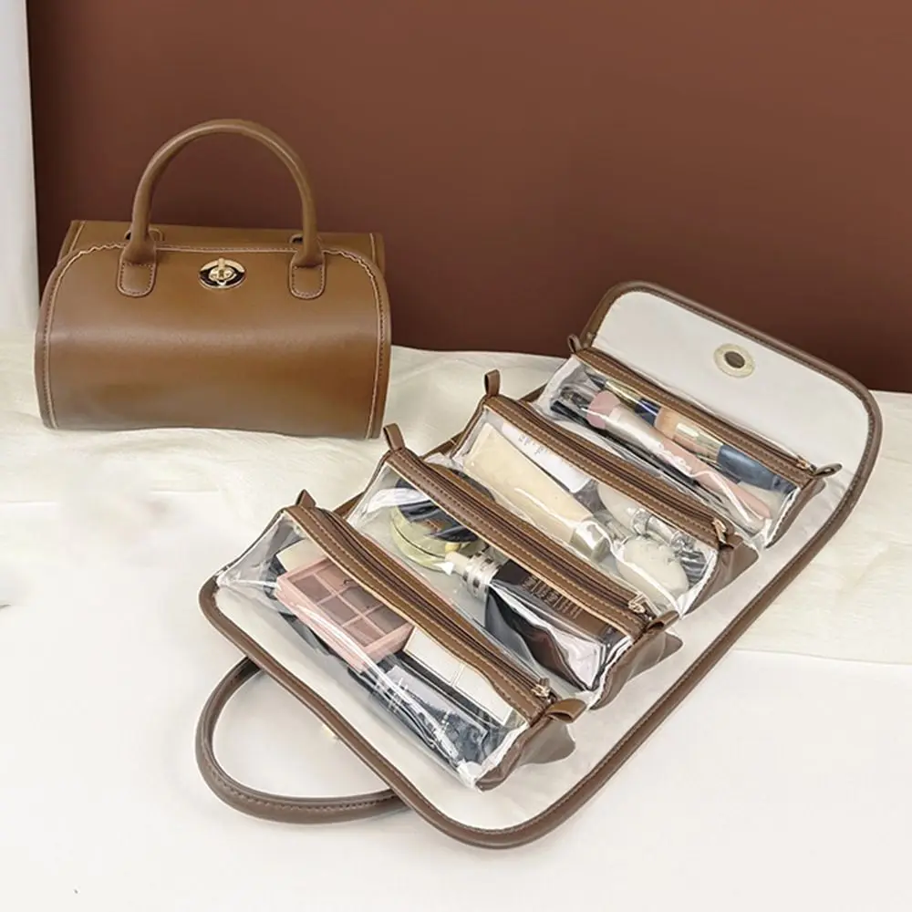 PU Leather Large Capacity Travel Toiletry Bag Roll-Up Detachable Makeup Cosmetic Bag Waterproof With Handle Hanging Organizer