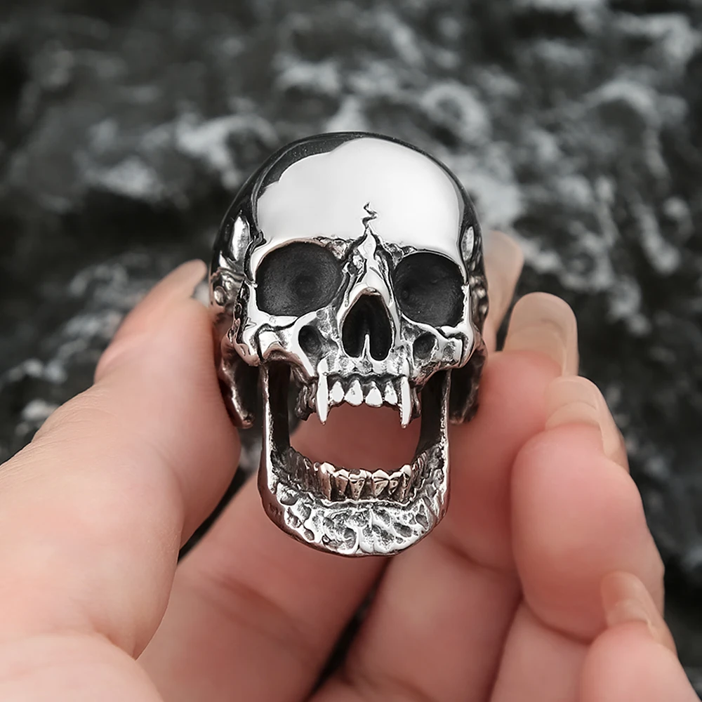 High Polish Gothic Vampire Skull Rings For Men Heavy Skull Stainless Steel Biker Ring Punk Motorcyclist Jewelry Gift Size 7-15