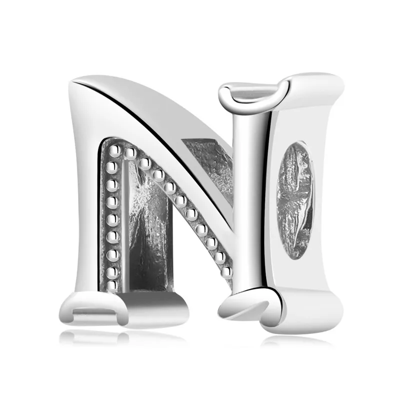 

925 Sterling Silver Letter N Plain Silver Pendant Charm Bead Fit Original Bracelet DIY Accessories