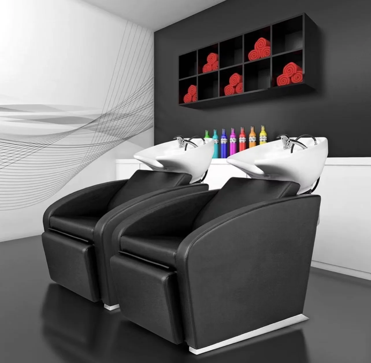 Portable Shampoo Bowl Chair Black Shampoo Bed Ceramic Basin Hair Salon Beauty Furniture