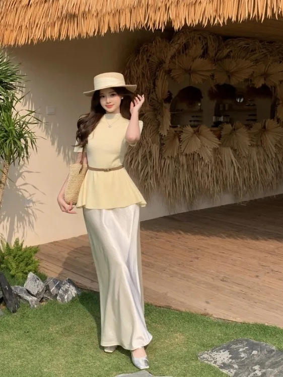 

Вязаная юбка А-силуэта больших размеров, женская летняя модная юбка с высокой талией, струящаяся, в корейском стиле, для повседневной носки, короткое платье с рукавами