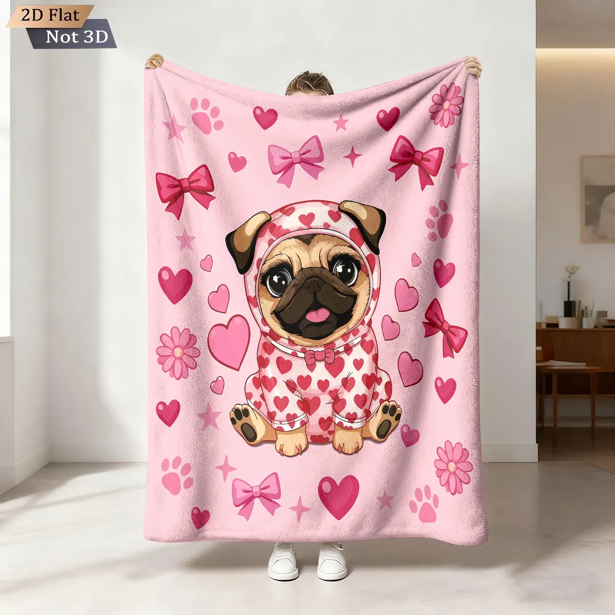

1pc Valentine's Day romantic pink love Pekingese print flannel blanket multiple sizes soft comfortable casual nap cover blanket