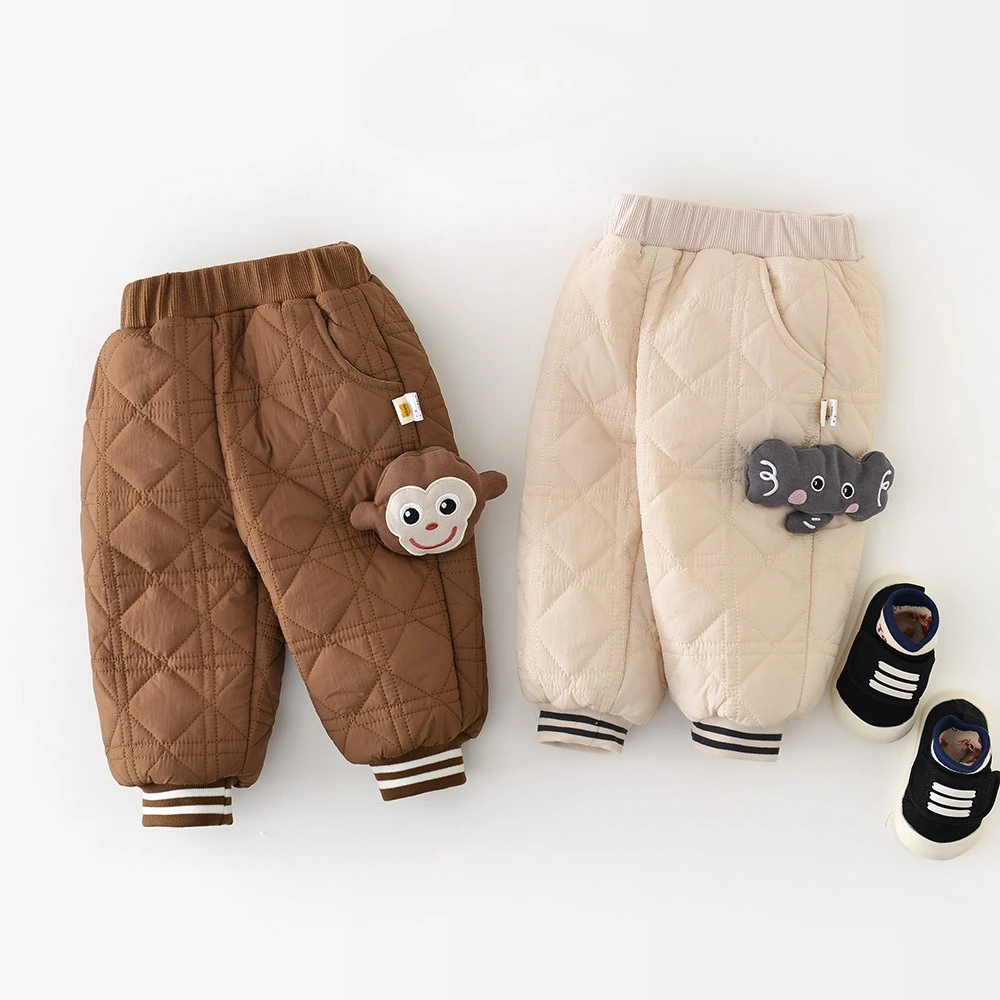 

2025 Winter Baby Pants 0-3T Cartoon Doll Toddler Kids Cotton-padded Trousers Cute Fleece Lining Boys Girls Warm Sweat Pants