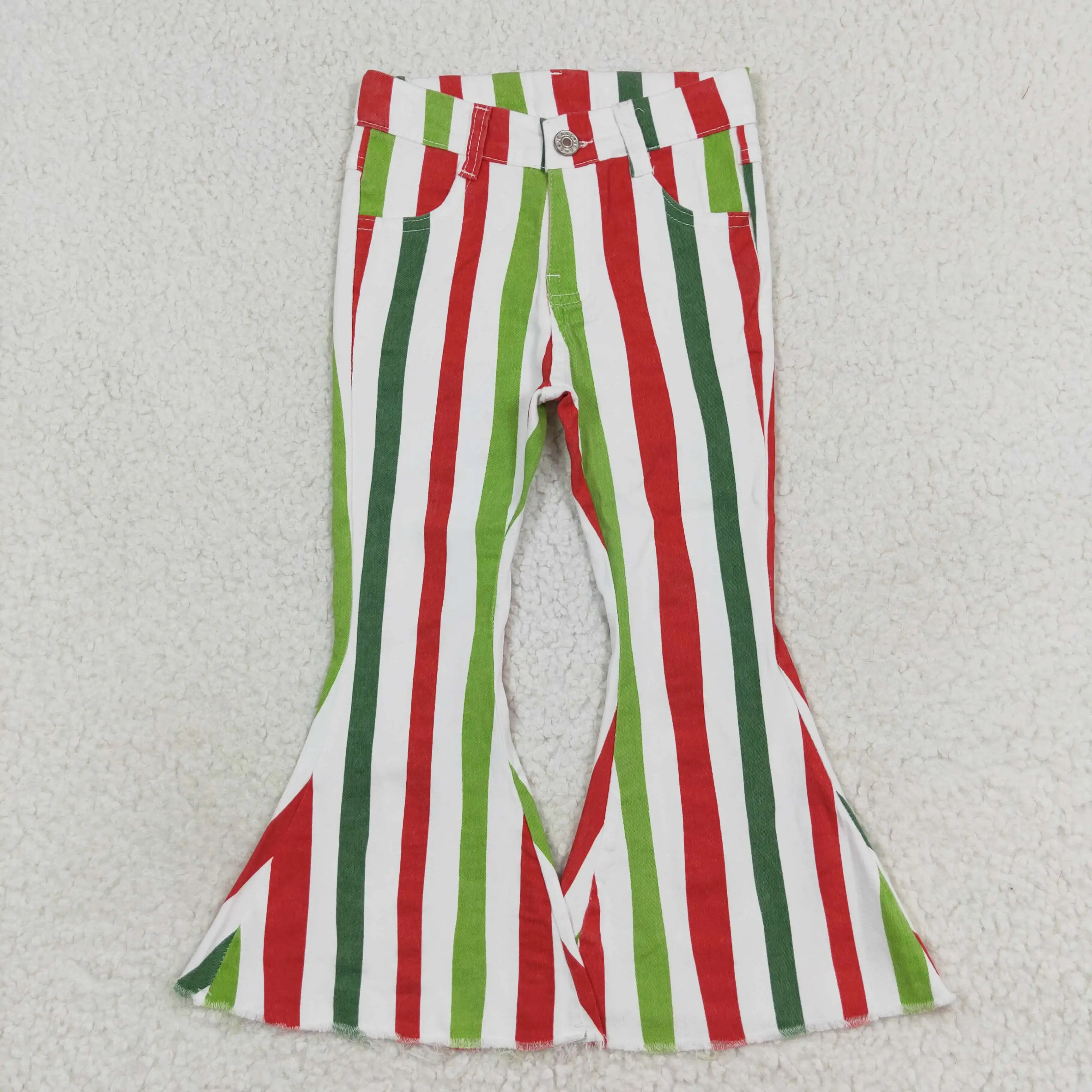 Wholesale Toddler Zipper Bell Bottom Pants Baby Girl Trousers Clothing Kids Infant Pocket Children Red Green Stripes Denim Jeans