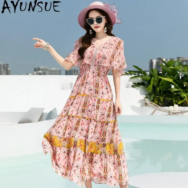 100% Mulberry Silk Elastic Waist Dress 2024 Summer New Floral V-neck Ruffle Sleeve High Waist Long Dress No Lining Ropa De Mujer