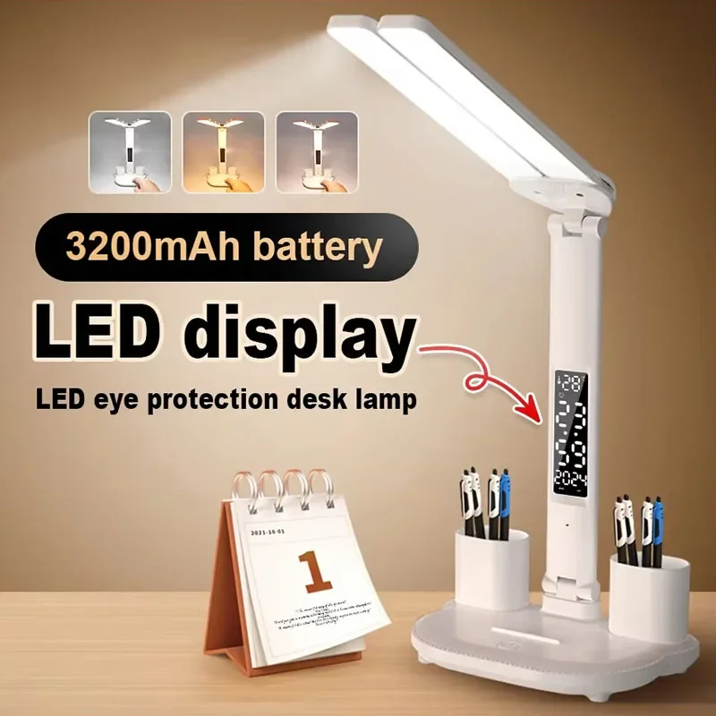 Dual-Head Eye Protection Desk Lamp for Study, Student Dormitory Smart Desk Lamp, Bedroom Rechargeable Reading Desk Lamp