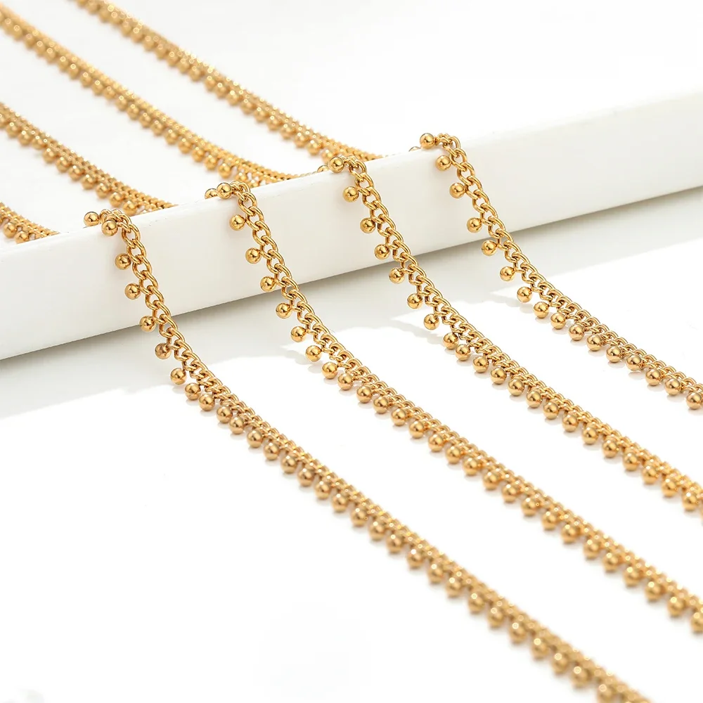 1Meter Stainless Steel Curb Link Chains with Gold Drop Ball Crafts Beaded Chain Bulk DIY Jewelry Necklace Anklet Bracelet Making