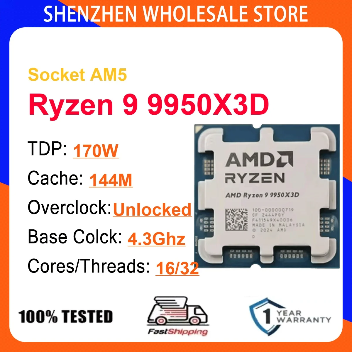 AMD Ryzen 9 9950X3D 16-Core 32-Thread 4NM 4.3Hz/5.7GHz L3=128MB 170W CPU Gaming Proce Socket AM5 DDR5 NEW No Cooler No Fan