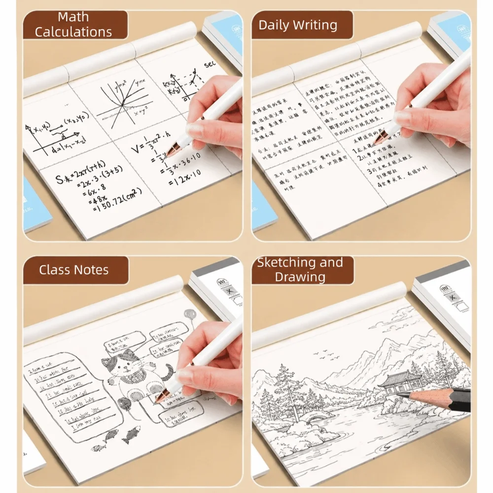 caderno-de-rascunho-com-50-folhas-destacaveis-16k-papel-para-matematica-com-paginas-rasgaveis-papel-de-notas-com-divisorias-design-em-branco-para-estudantes