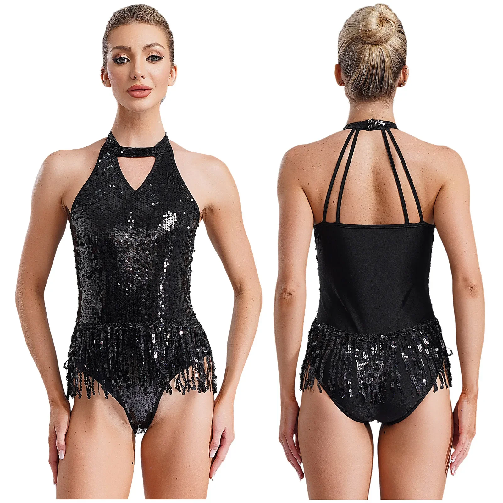 Ropa de baile de Jazz latino para mujer, monos de actuación de salón de vals, correas de lentejuelas brillantes, dobladillo con borlas, leotardos de baile lírico