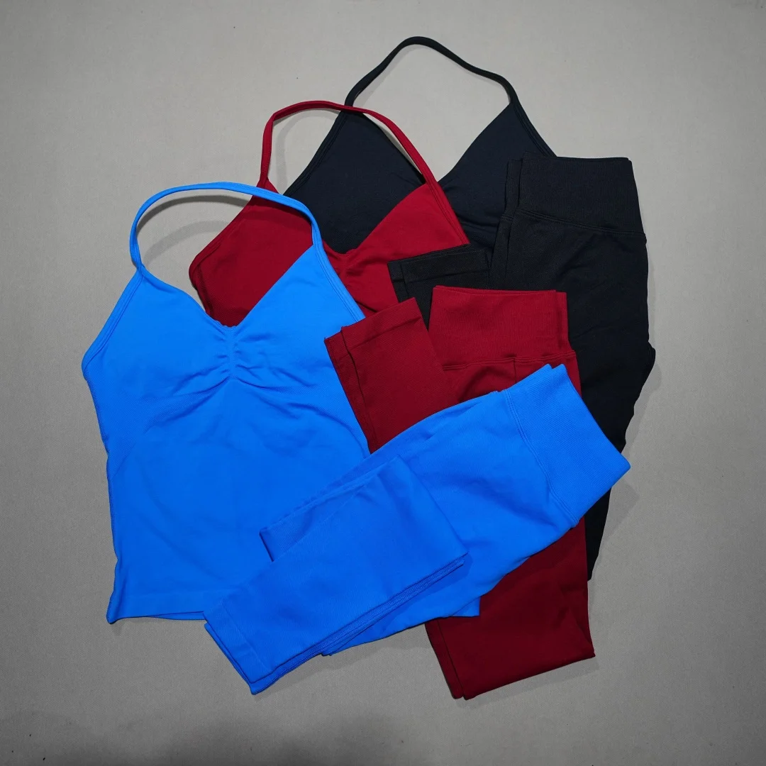 DFDK Women Two Piece Seamless Sports Tracksuit, Backless Lace Up Yoga Top & High Waist Hip Lift Leggings Breathable Running
