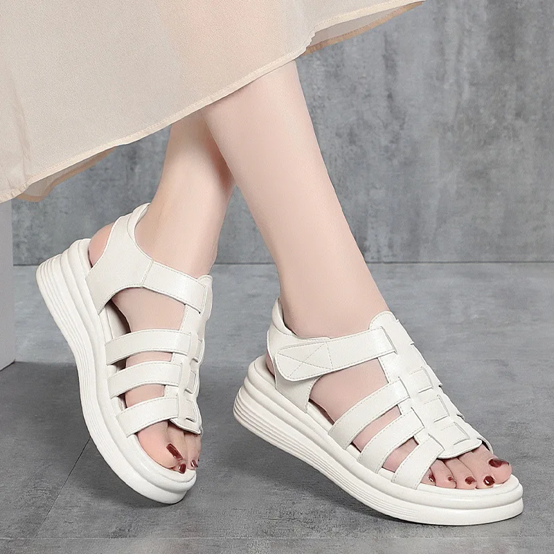 

Rome Style Women's Summer Sandals Retro Style Hook Loop Ladies Shoes Soft Pu Leather Thick Sole Comfortable Leisure Breathable