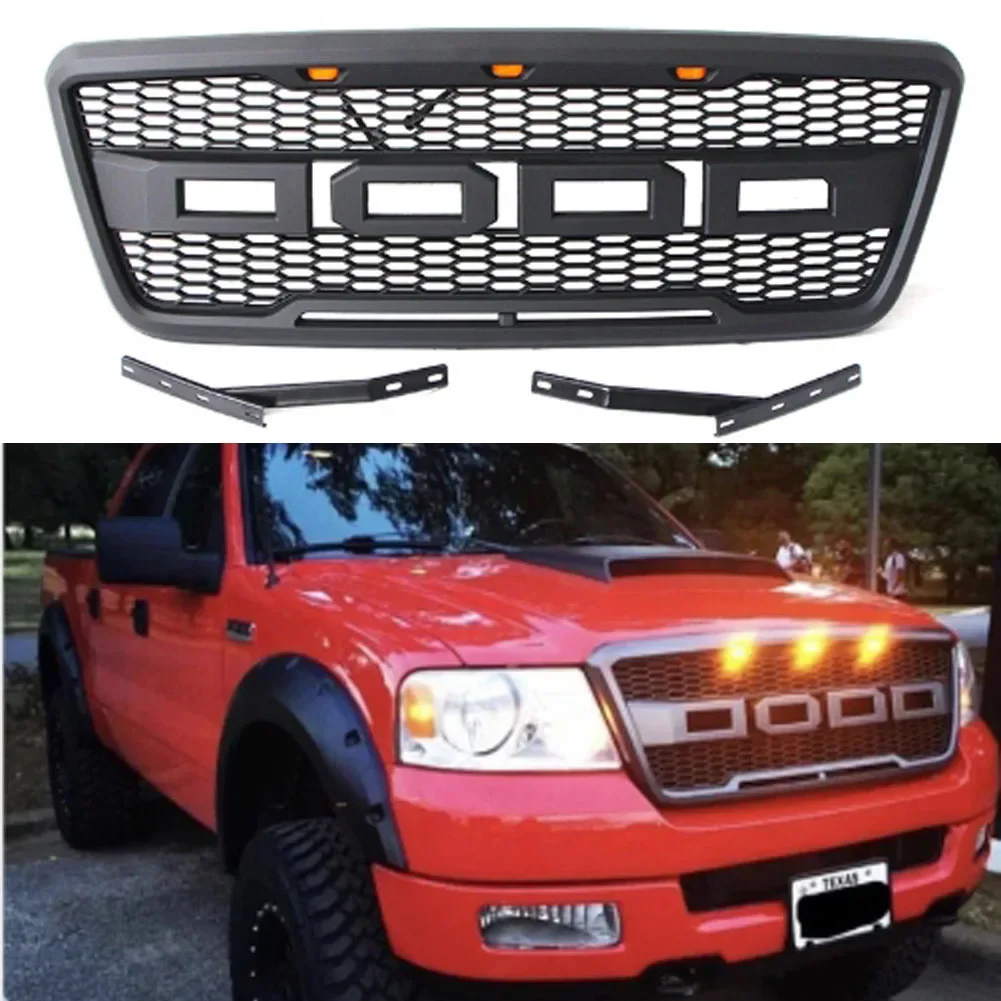 Good Quality ABS Front Bumper Grille Raptor Style Grill with Amber LED Lights and Letters for Ford F150 2004-2008