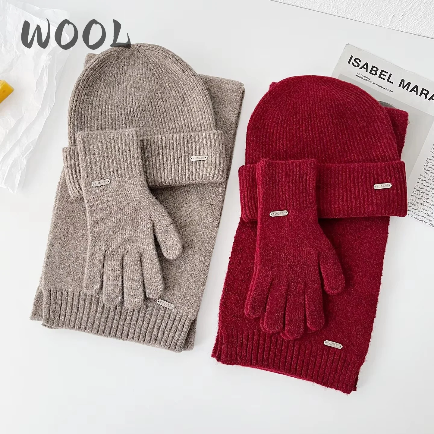 3pcs/set Knitted Ring Scarf Women Wool Hat Winter Warm Scarves Solid Cap Design Soft Cashmere Pashmina Collar Neckerscarf