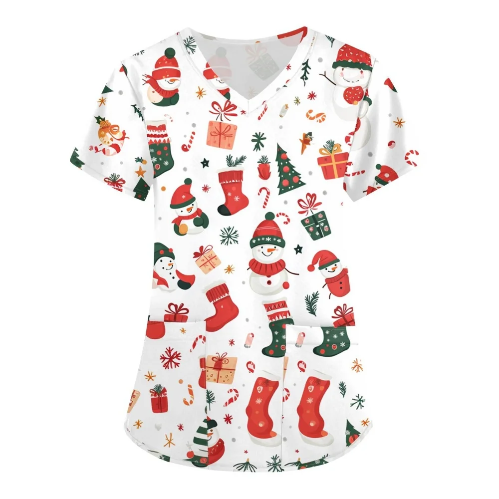 Christmas Scrubs Medical Uniforms Woman Fashion Snowman Print Summer Casual V-Neck Short Sleeve with Pockets Surgical Uniform