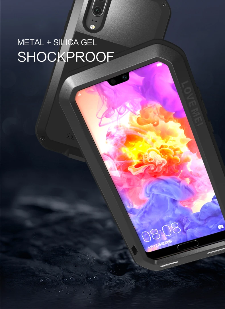 LOVE MEI-Powerful Metal Waterproof Case for Huawei P20 Pro, Shockproof Cover, Aluminum Protection, Gorilla Glass