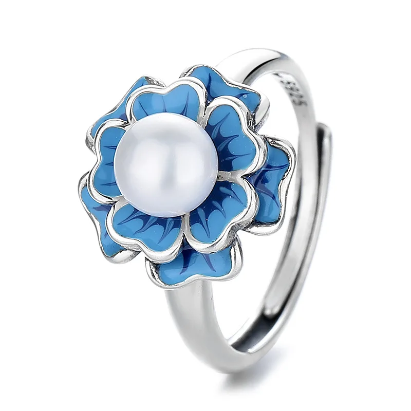 

Fashion Elegant Pearl Flower Rings For Women Gift Retro Blue Petal Opening Index Finger Ring Ethnic Girl Jewelry Accessories