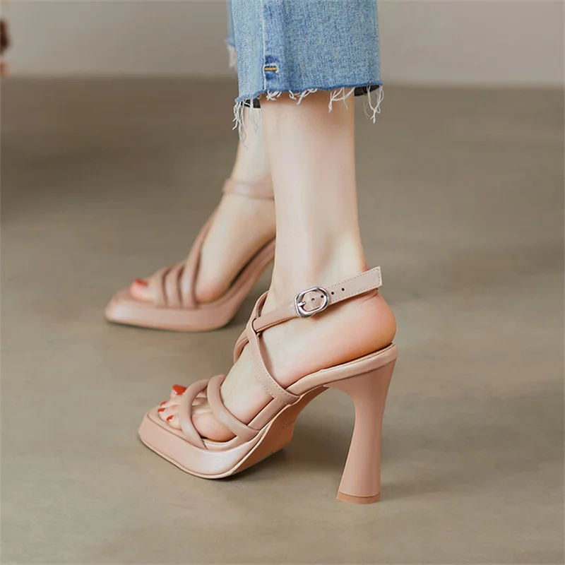 Genuine Leather Open Toe High Heels Sandals Women New Summer Shoes Fashion Sexy Ladies Dress Shoes Female Roman Sandal Thin Heel