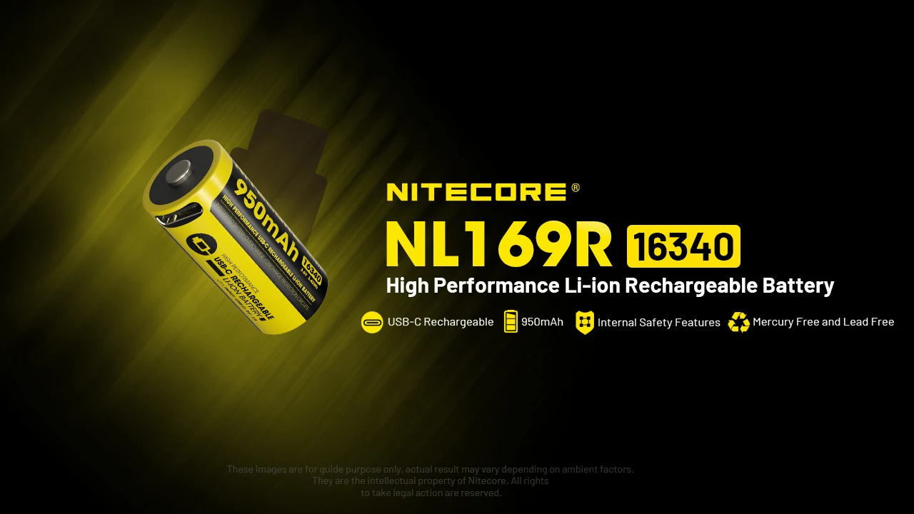 NITECORE NL169R 950mAh 3.6V RCR123A High Performance Battery USB-C Charging 16340 Battery