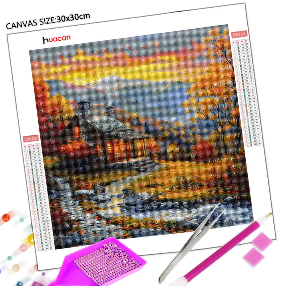 Huacan 5d Diamond Painting Full Drill Square/round House Landscape Diamond Embroidery Mountain Handmade Gift Decor For Home