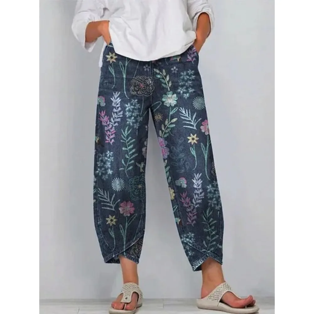 Damen Baumwoll-Haremshose mit Japanischem Ukiyo-E Wellen- und Blumenmuster, Locker Geschnittene Caprihose in Tulpenform, Knöchellange Freizeithose – Detail 8