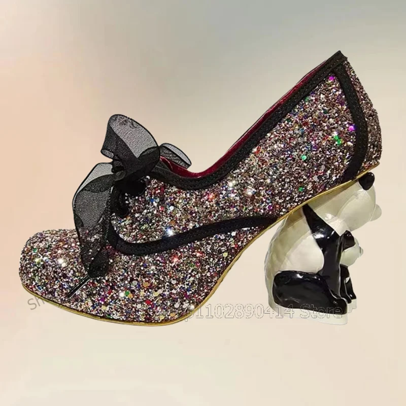 Black White Sequins Mesh Strap Animal Heel Pumps Lace Up Women Shoes Strange Style Heels Fashion Party 2024 Zapatos Para Mujere