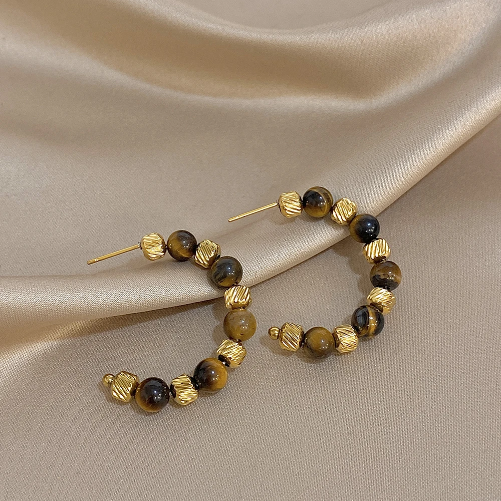 Vintage Tiger‑Eye Natural Stone Bangle Earrings Set Gold Plated Stainless Steel Waterproof Stackable Bracelets Jewelry For Women
