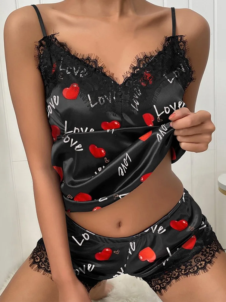 Women\'s Two Piece Lace Love Heart Lips Dot Kawaii Print 2022V Neck Silk Fashion Comfortable Pajamas Elegant Homewear Set