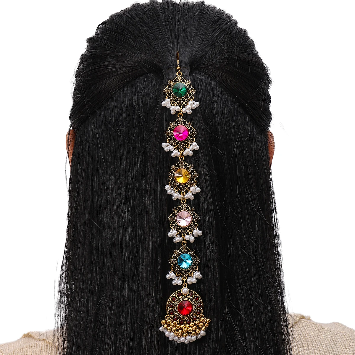 Luxury Boho Shining Crystal Rhinestone Hair Accessories for Women Colorful Zircon Pearl Beads Tassel Head Chain Indian Jewelry