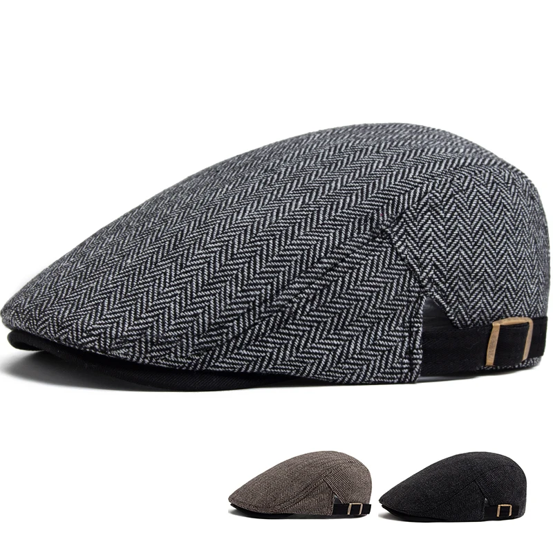 New Herringbone Vintage Beret Men Autumn Winter Casual Flat Visor Hat Berets Retro Fashion Newsboy Cap Men\'s Adjustable