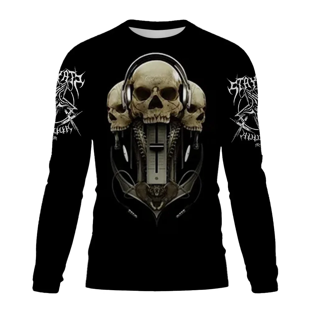 Men's Retro Long-sleeved T-shirt Horrible Street Skull 3D Print Round-neck Sports T-shirt for Street Hip-hop Large Size Top Y2k