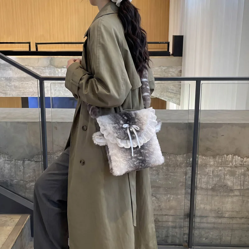 Cute Bow Lace Edge Crossbody Shoulder Bag Faux Fur Dot Plush Bucket Bag Women New Fashion Versatile Commute Phone Bag
