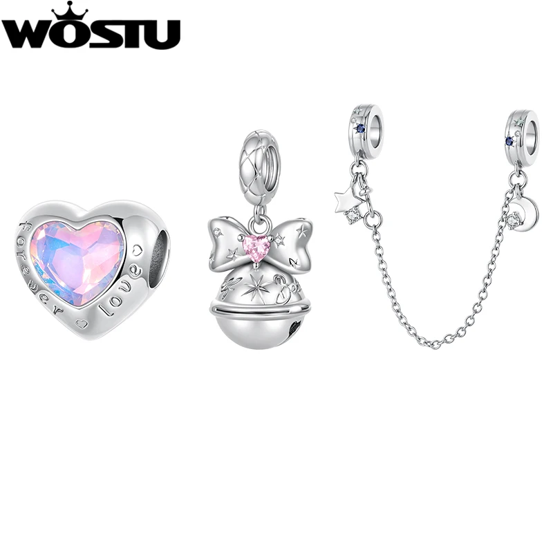 WOSTU White Gold Plate DIY Charms Pink Bow Bell Pendant Heart Rainbow Crystal Beads Fit Original Bracelet Necklace Wholesale