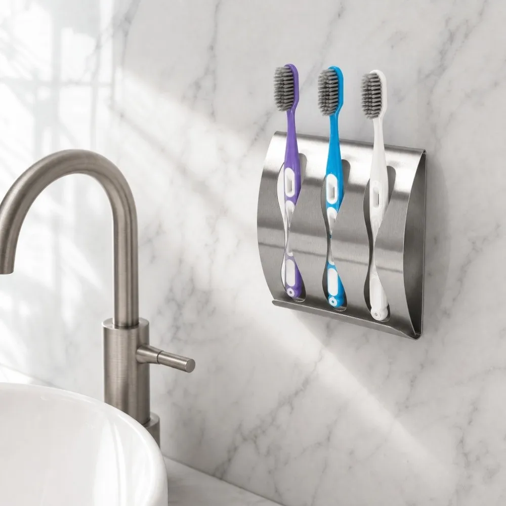 Stainless Steel Toothbrush Holder Punch-Free Silver Toothbrush Organizer Wall Mount Modern Design Razor stand Bathroom Washroom