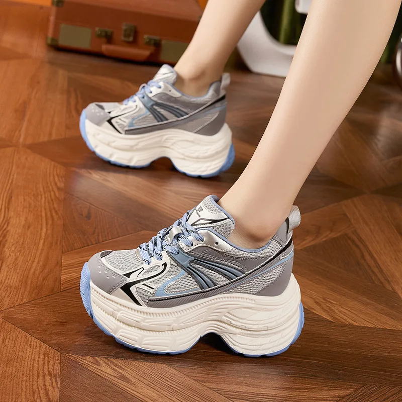 Women's Thick Bottom Casual Dad Shoes New Autumn Breathable Mesh Chunky Sneakers Mixed Color Versatile High Platform Sport Shoes