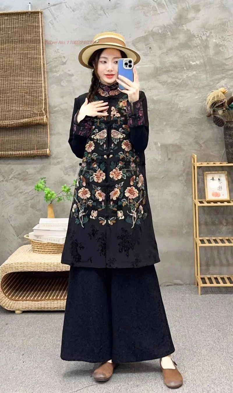 

2025 китайские винтажные топы ханьфу, традиционный воротник-стойка, народный жилет, жилет с национальной цветочной вышивкой, восточная куртка без рукавов