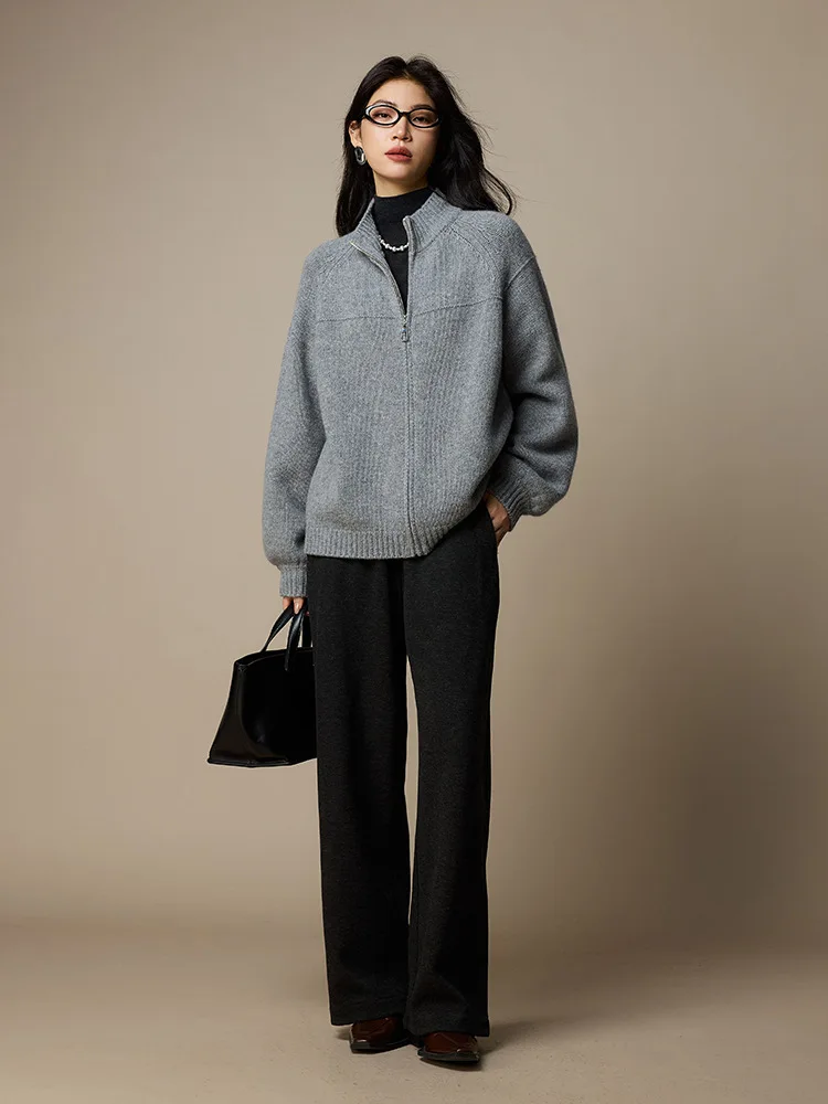 Birdtree, 100% schapenwollen vest, dames gebreide opstaande kraag tops, rits body fit trui, 2025 herfst winterjas, grijs T5N207JF