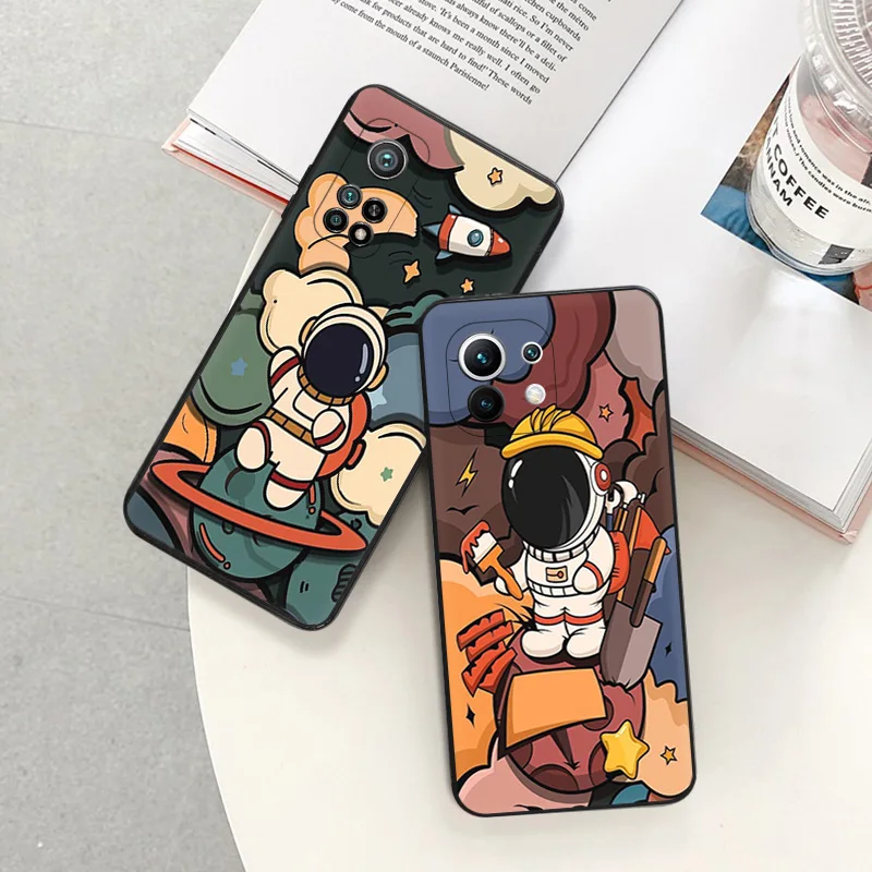 Soft Case for Redmi Note 11 11S 10 Lite 10S 12 12s Note11 Pro 9 9T 8 T 7 9S Cute Moon Cartoon Astronaut Rocket Phone Cases Cover