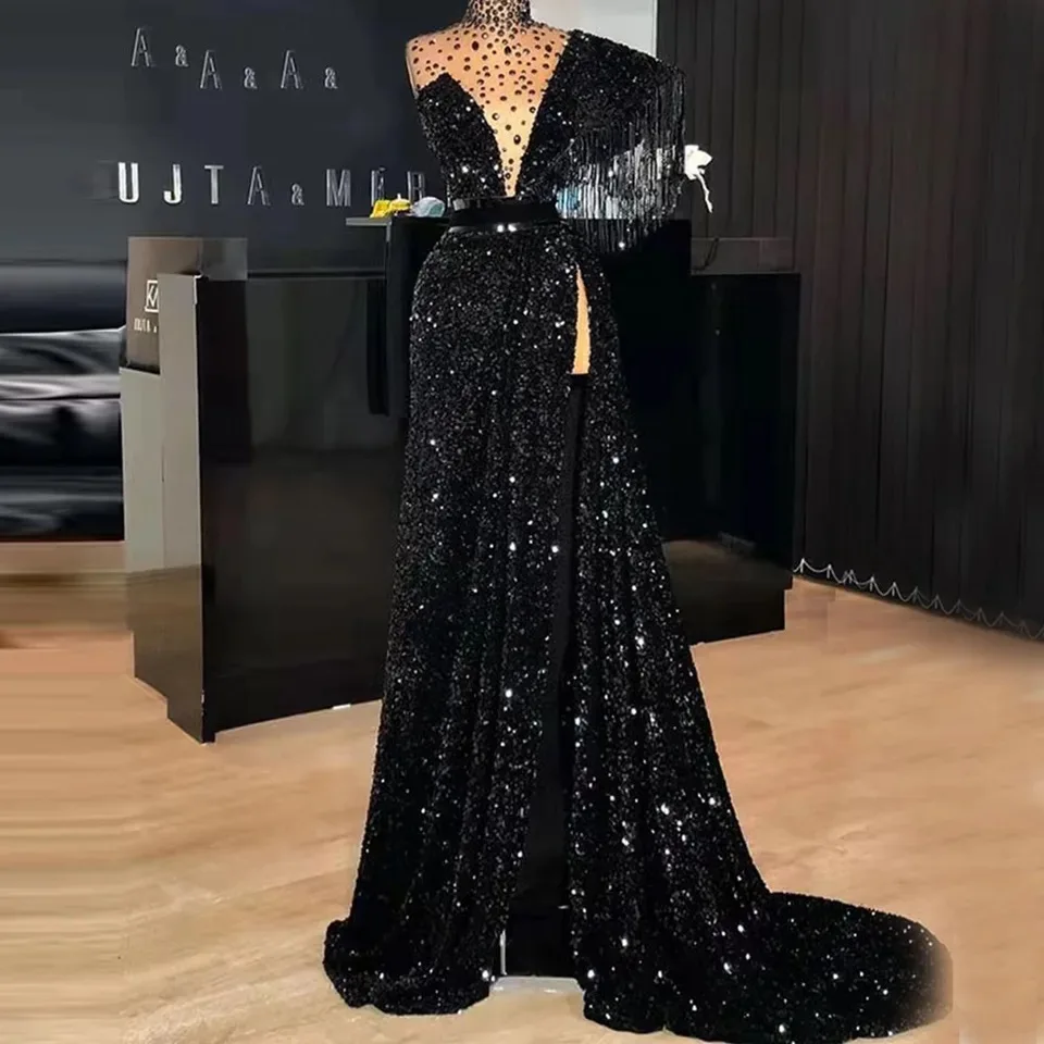 Schwarze Pailletten Abendkleider lange Luxus One Shouler Perlen hoch geschlitzten Dubai Prom Paryty Kleid für besondere Anlässe angepasst